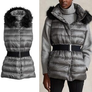 POLO RALPH LAUREN Water Resistant Down Hooded Vest Magnum Grey XS Fur trim